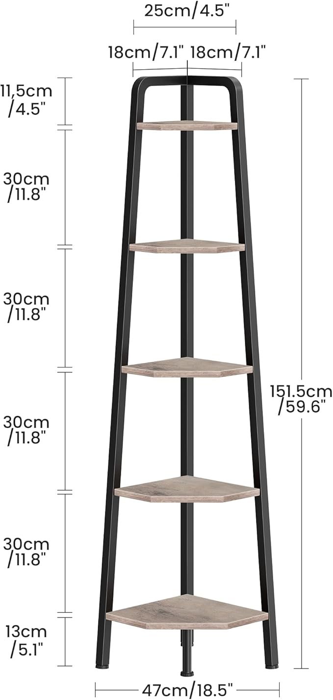 Corner Shelf, 5-Tier Ladder Corner Shelf, Ladder Bookshelf, 59.6" Tall Vertical Display Stand, Metal Frame Bookshelf, for Living Room, Bedroom, Kitchen, Greige and Black TCJ20BG