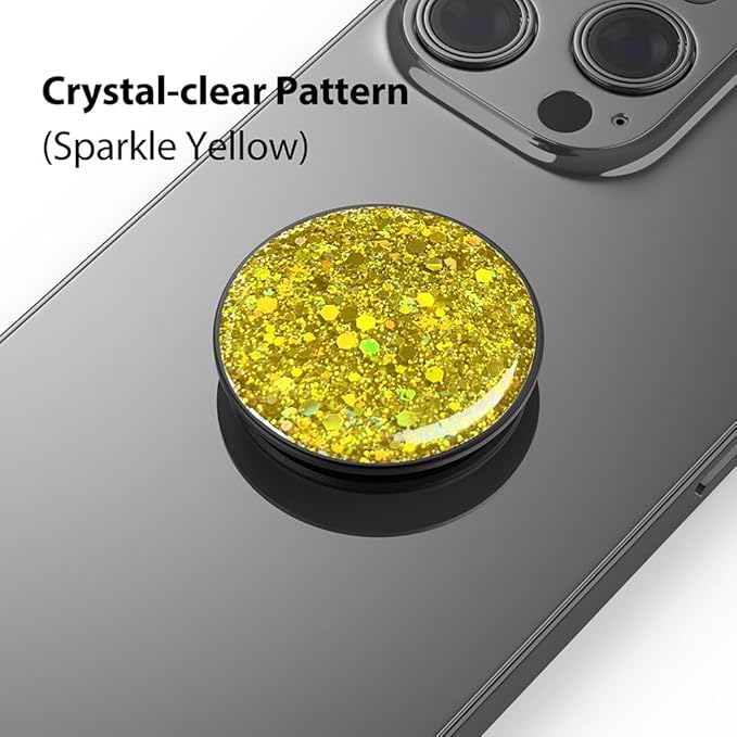 Phone Grip, Phone Ring Holder Finger Kickstand, Foldable & Adjustable Metal Cell Phone Rings Gripper Stand Work with Magnetic Car Mount for iPhone Samsung &Other Phones - Sparkle Yellow