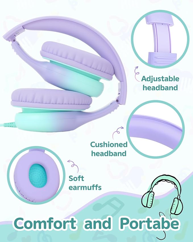 Over Ear Kids Headphones with HD Mic, Safe Volume Limited Wired Headphones for School, Travel, Stereo Sound Headphones with Cord, Foldable 3.5mm Headphones for iPad, Laptop, PC, Purple-Green