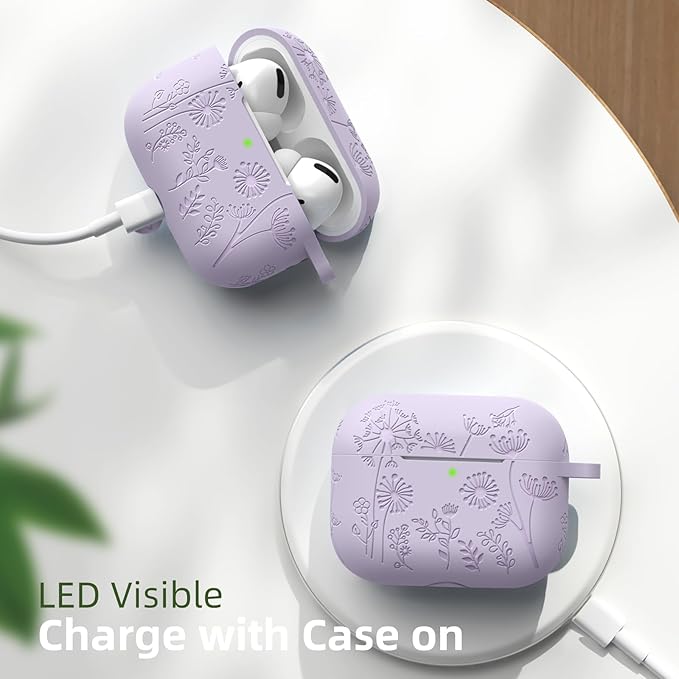Lerobo Compatible with Apple Airpod Pro 2 Case, Flower Engraved Soft Silicone Skin Cover, Full Protective Cover for AirPod Pro Case USB C for Girls Cute, Front LED Visible, Lavender