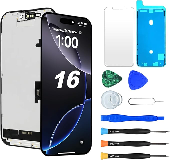 Replacement Screen for iPhone 16 LCD FHD COF Retina Display Digitizer with Total Repair Tool Kits, Screen Protector, Waterproof Tape