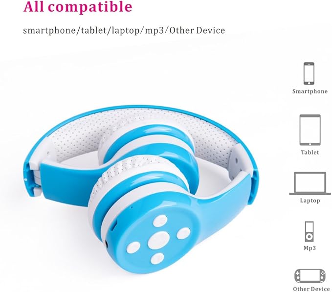 Kids Wireless Headphones, 5 Button Easy Use Bluetooth Toddler Headphones 93db Volume Limited Foldable with Built-in Mic for Cell Phones TV Tablet School Network Boys Girls (Light Blue)