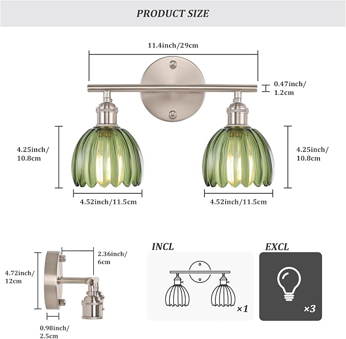 Bathroom Light Fixtures, 2-Light Vanity Wall Light Over Mirror with Green Tulip Glass Shade for Bedroom Living Room (Bulb Not Included), Satin Nickel
