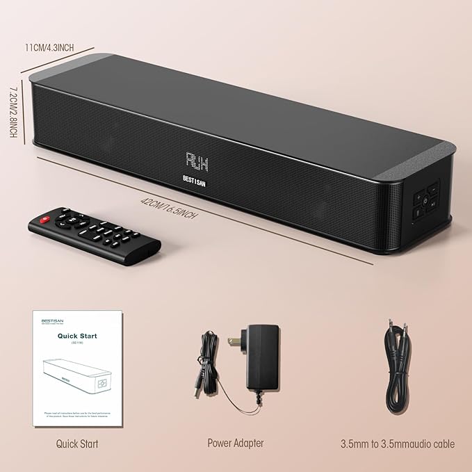 BESTISAN 2.1CH Sound Bar for TV, 16.5” Compact with Built-in Subwoofer, ARC/Opt/AUX/USB Input, Volume Boost, Bluetooth 5.3, Peak 100W, 3 EQ Modes, All-in-one Soundbar for PC/Gaming/Projectors