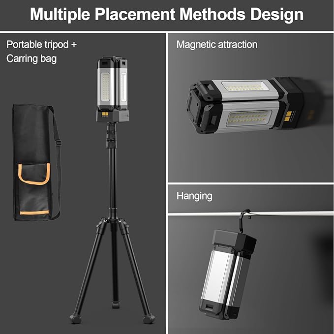 Upgraded Aluminum13200mAh Rechargeable Work Light with 78in Height Folding Stand and Carrying Bag, 8000 Lumen Cordless Camping Light, White/Warm/Nature White with Detachable Tripod (Remote)