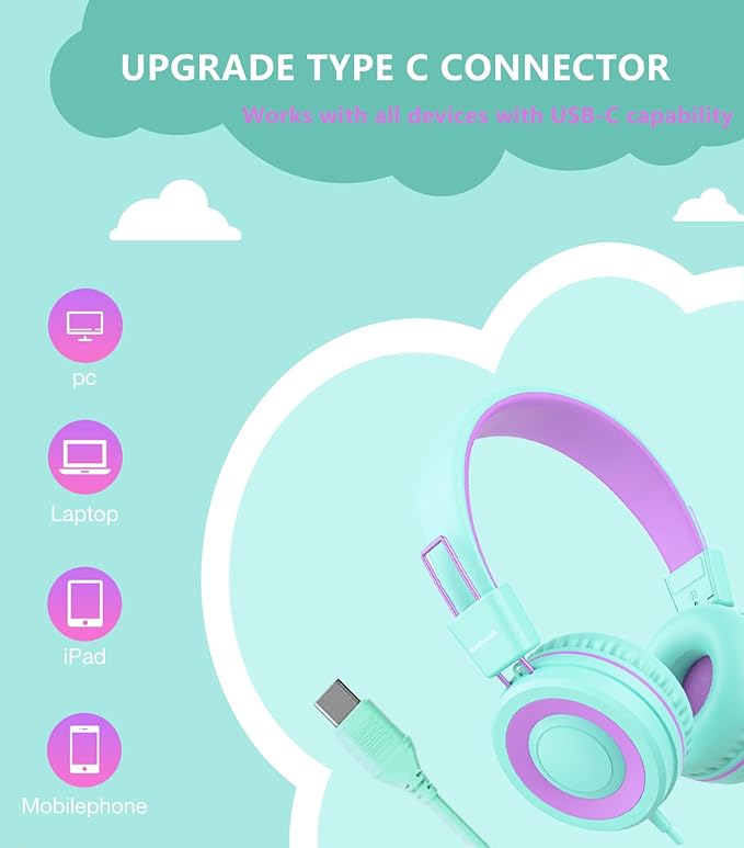 Upgrade USB Type C Kids Headphone for School, 94dB Safe Volume Limited, HD Stereo Sound, Foldable Lightweight On-Ear Headphones for Boys/Girls/Students/Tablet/Travel(Mint Green)