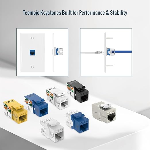 Tecmojo UL Listed 1000 Mbps Cat6 Keystone Jack Insert 25 -Pack, 180 Degree Punch Down RJ45 Keystone Jack Adapter Slim Profile for Patch Panel & Wall Plate, Blue