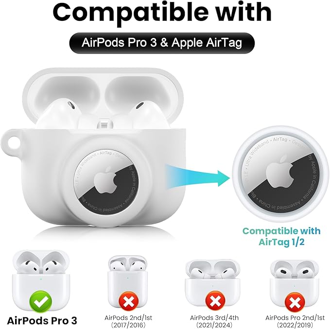2 in 1 Silicone Case Compatible with AirPods Pro 3 and AirTag 2/1, Shockproof Protective Case Cover for AirPods Pro 3rd Generation 2025 with Cleaner Kit & Carabiner (White)