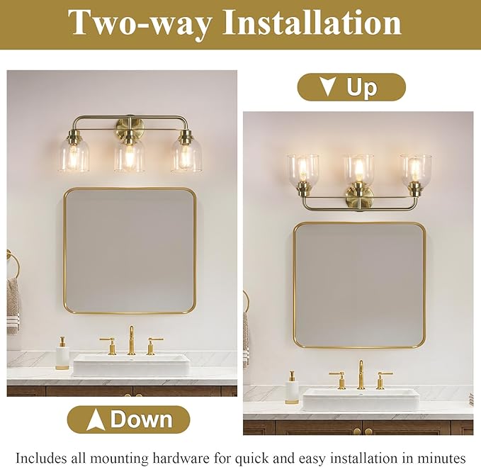 3 Light Gold Vanity Lights for Bathroom, Bathroom Light Fixtures Over Mirror with Clear Glass Shade, Ceramic E26 Sockets Wall Mounted