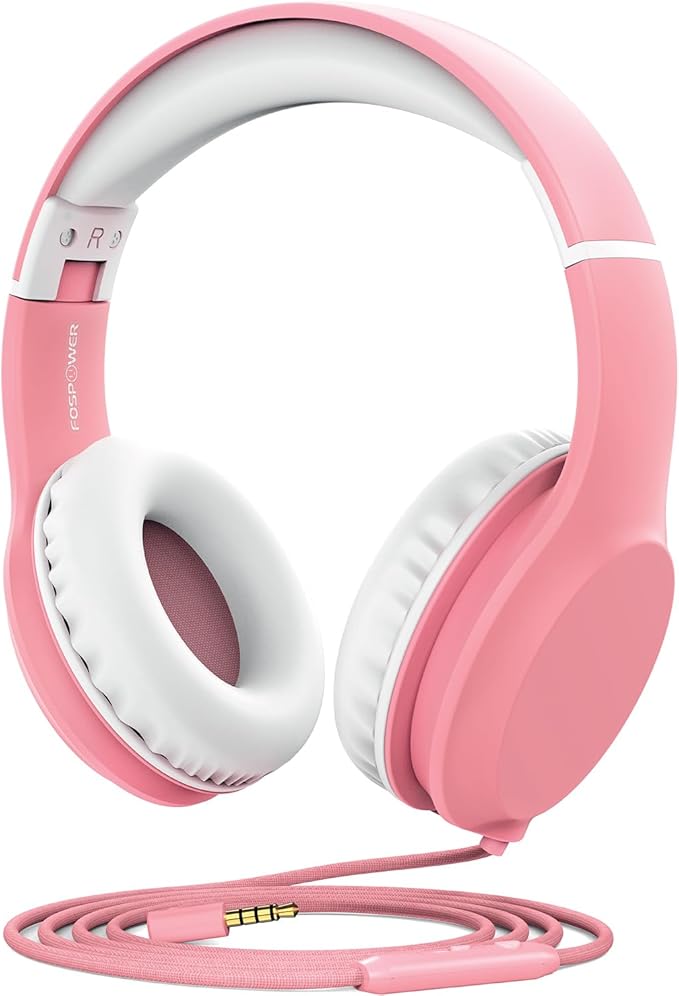 FosPower Kids Headphones with 3.5mm Laced Cables, Children & Teens Over The Ear Foldable Adjustable Headset w/Built-in Mic for Smartphones/PC/Tablet/Laptop/School (Max Volume 85dB) – Pink/White