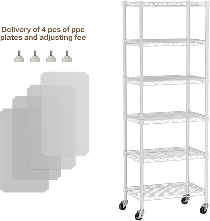 Small 6 Tier Shelf Storage Wire Shelving Unit Metal Shelves Adjustable Organizers Storage Shelving with Wheels for Bathroom Laundry Room Kitchen Pantry12”D x 18”W x 61.6”H White