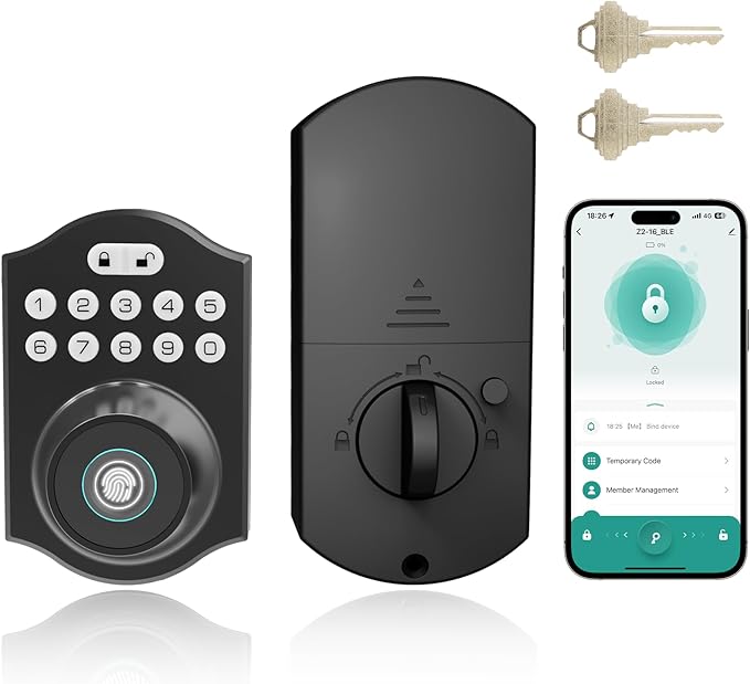 Fingerprint Smart Door Lock Keyless Entry, Keyless Entry Door Lock with Keypad, App Control, Auto Lock, Easy to Install, Smart Deadbolt for Home, Airbnb, Apartment (Black)