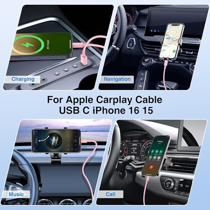 USB C Car Charger for iPhone 17 16 15 Pro Max, 40W Dual Port USB-C & USB-A Car Fast Charging Adapter, 2X3FT C to C Cable & A to C Carplay Cable for iPhone 17 16 15 Series/iPhone Air,iPad,Samsung-Pink
