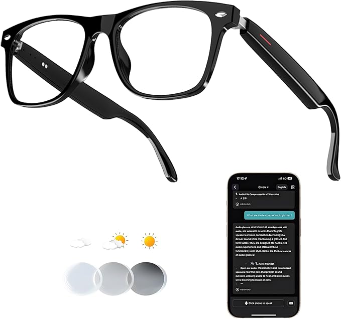 AI Smart Wireless Bluetooth Translation Glasses for Men/Women with Speakers/Bluetooth&140+ Languages Translation Sports/Travel/Drive/Busniess (E13+AI+Color Change Lenses+Black)