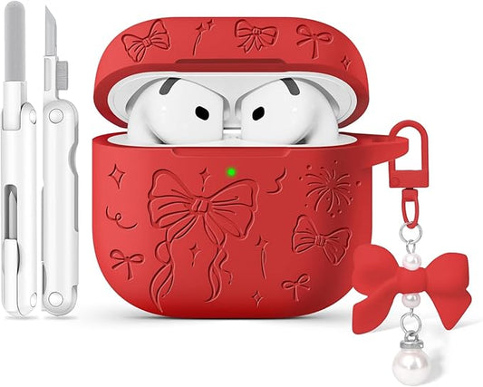 for Airpods 4 Case Cover, Joremx Cute Bow Engraved Silicone Protective Case Cover with Keychain, Cleaner Kit for AirPods 4th Generation Case 2024 (Red)