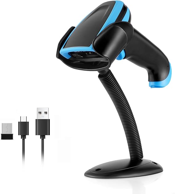 Barcode Scanner Onewscan Wireless 1D Laser Bar Code Scanners with Stand 2.4G Wireless & USB Wired Connection Plug and Play Handheld Bar Code Reader