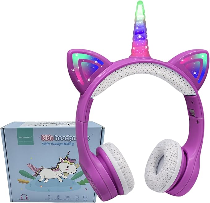 Unicorn Kids Headphones, Unicorn Bluetooth Headphone Foldable for Girls Boys Toddlers Tablet School Travel,Light Up Kids Wireless Headphone Birthday Gifts (Dark Purple)