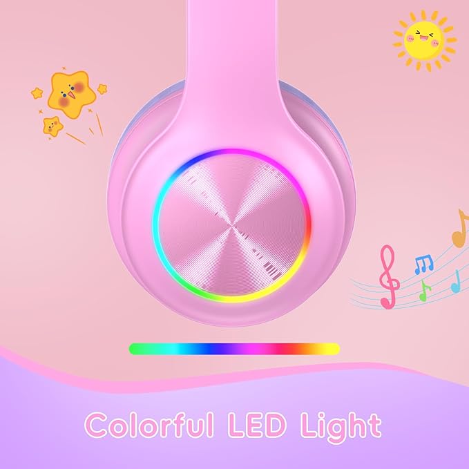 Kids Bluetooth 6.0 Headphones with LED Light, 85Hours Playtimes, Type-C Fast Charging, 85/94dB Volume Limited, Comfort Wireless Headphones with Built-in Mic, Wired & TF Card Mode, Pink