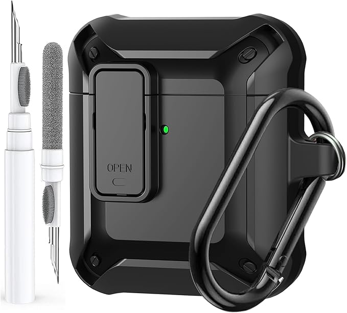 for Airpods 2nd 1st Generation Case Men Lock with Cleaner Kit, Rugged AirPod 2/1 Gen Protective Hard Cover Shockproof Skin Boys Women with Keychain for Apple iPods 2nd/1st Cases, Black
