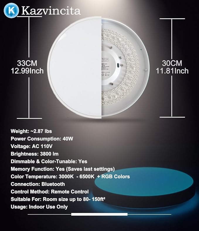 BT-Version LED Ceiling Light with Speaker 40W 13Inch Music Ceiling Lamp with Remote Control Adjustable Brightness & Color Temperature RGB Ambient Lighting for Kids Room Bedroom and More