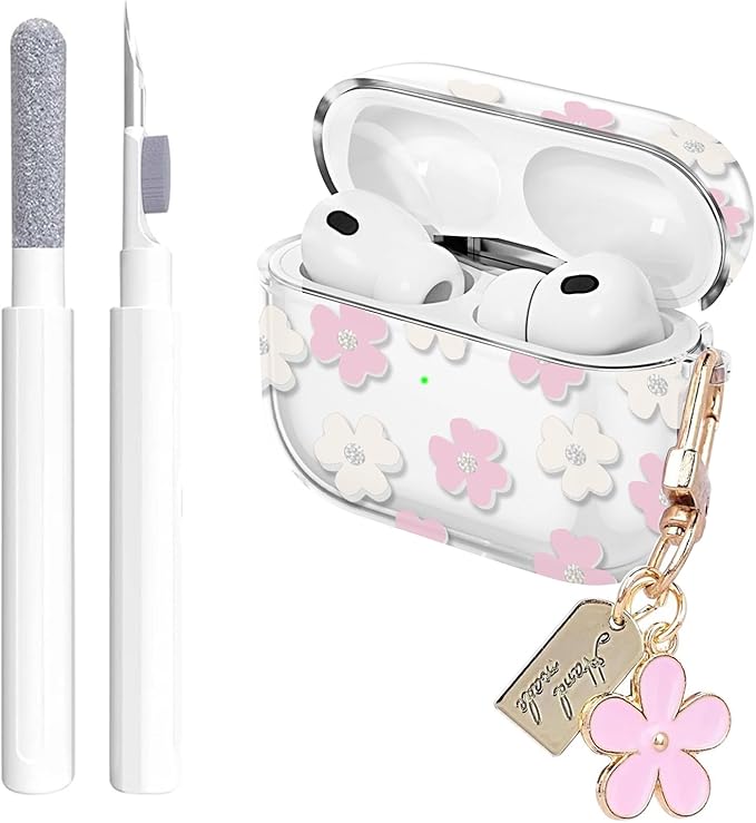 for Airpods Pro 3 Case Clear,Cute Pink Floral Design for Airpods Pro 3 Case Cover,Shockproof Soft TPU Skin Accessories with Girly Flower Keychain&Cleaning Pen for Women Girls-Crystal