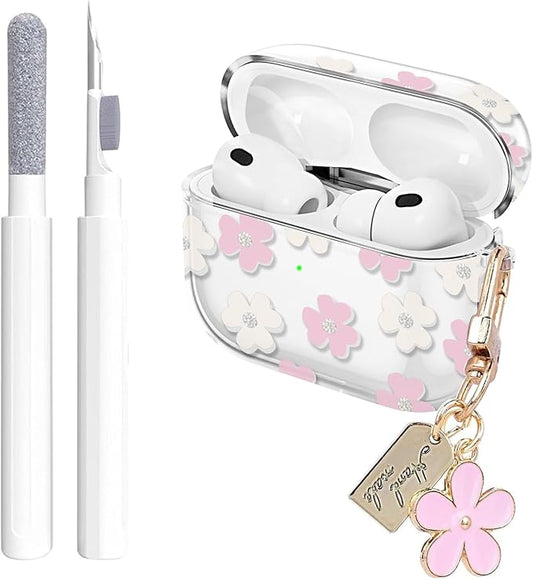 for Airpods Pro 3 Case Clear,Cute Pink Floral Design for Airpods Pro 3 Case Cover,Shockproof Soft TPU Skin Accessories with Girly Flower Keychain&Cleaning Pen for Women Girls-Crystal