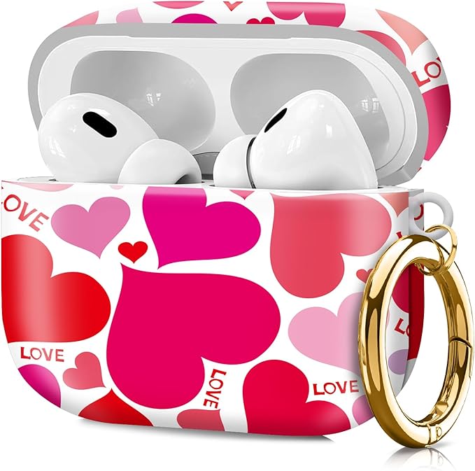 Compatible with Airpod pro 2nd/1st Generation Case Cover with Gold Round Keychain Cute Pattern Hard & Anti Slip Cover for Men Women & Girls（Red Love）