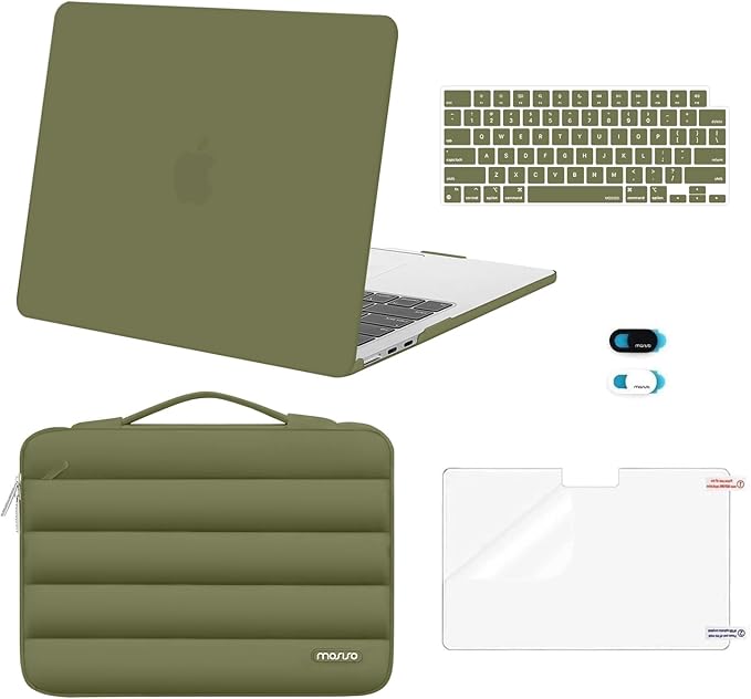 MOSISO Compatible with MacBook Air 13 inch Case M5 2026 M4 2025 M3 M2 2024-2022 A3449 A3240 A3113 A2681, Hard Case&Puffy Bag&Keyboard Cover&Webcam Cover&ScreenFilm for MacBook Air 13.6, Olive Green