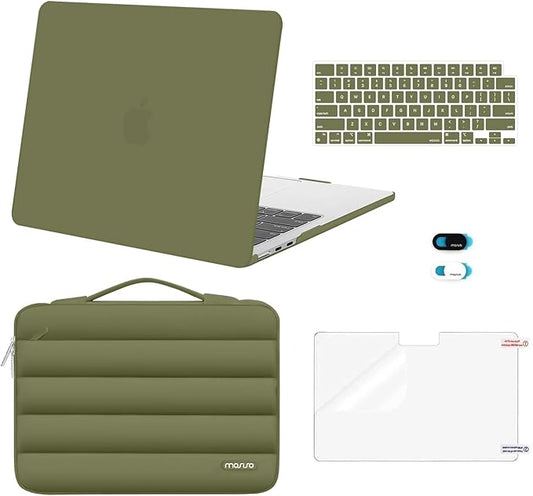MOSISO Compatible with MacBook Air 13 inch Case M5 2026 M4 2025 M3 M2 2024-2022 A3449 A3240 A3113 A2681, Hard Case&Puffy Bag&Keyboard Cover&Webcam Cover&ScreenFilm for MacBook Air 13.6, Olive Green
