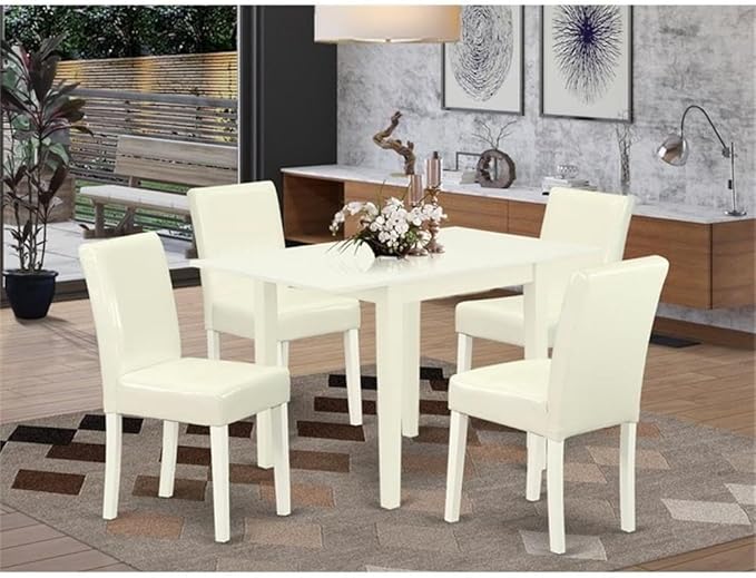 East West Furniture 1NDAB5-LWH-64 5 Piece Dinette Set for 4 Includes a Rectangle Dining Room Table with Dropleaf and 4 White Faux Leather Parson Dining Chairs, 30x48 Inch, Linen White