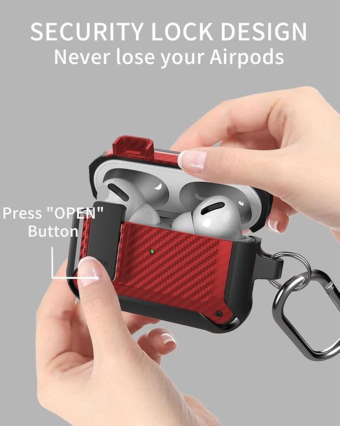 for Airpods Pro 2/1 Gen Case Cover with Lock Clip (2019/2022/2023), Rugged Locking Protective Case for Airpod Pro 2nd Generation Shockproof Armor Skin for Apple iPod Pro, Black/Red