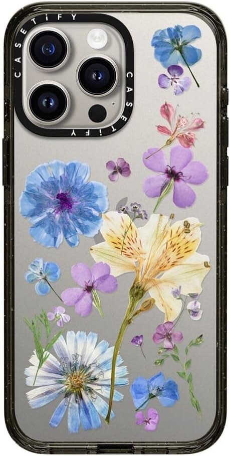 CASETiFY Impact Case for iPhone 15 Pro Max [Slim / 8.2 ft. 4X Military Grade Drop Protection/Wireless Charging Compatible] - Pressed Floral - Clear Black