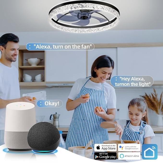 Ceiling Fan with Light,Low Profile Ceiling Fan,Flush Mount Ceiling Fan,Bluetooth Ceiling Fan with Speaker, Smart Ceiling Fan with Alexa&Google Assistant,Voice/APP/Remote Control