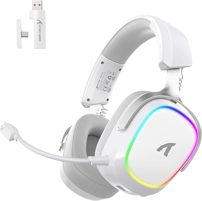 ATTACK SHARK G800 Wireless RGB Gaming Headset:7.1 Surround Sound-50mm Drivers-Memory Foam Ear Pads,Wired/2.4Ghz/BT,Ultralight,Durable Aluminum Frame,Detachable Mic,Programmable for PC Mac Gamer(White)