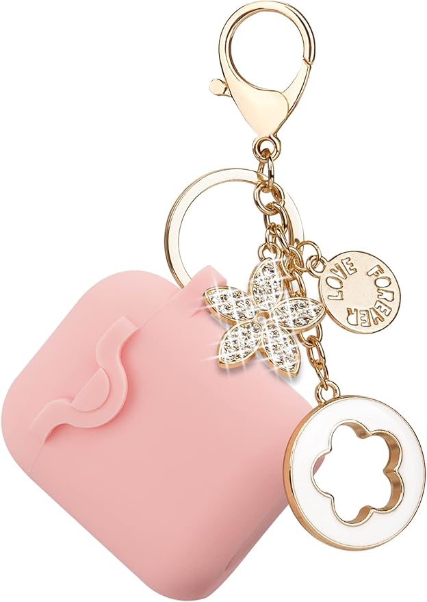 Secure Lock Silicone Case Compatible AirPods Case 1 & 2 with Bling Keychain, Soft Protective Earpod Case Cover Earbuds Cases Women Girls for Apple Air Pod 2 Case - Pink