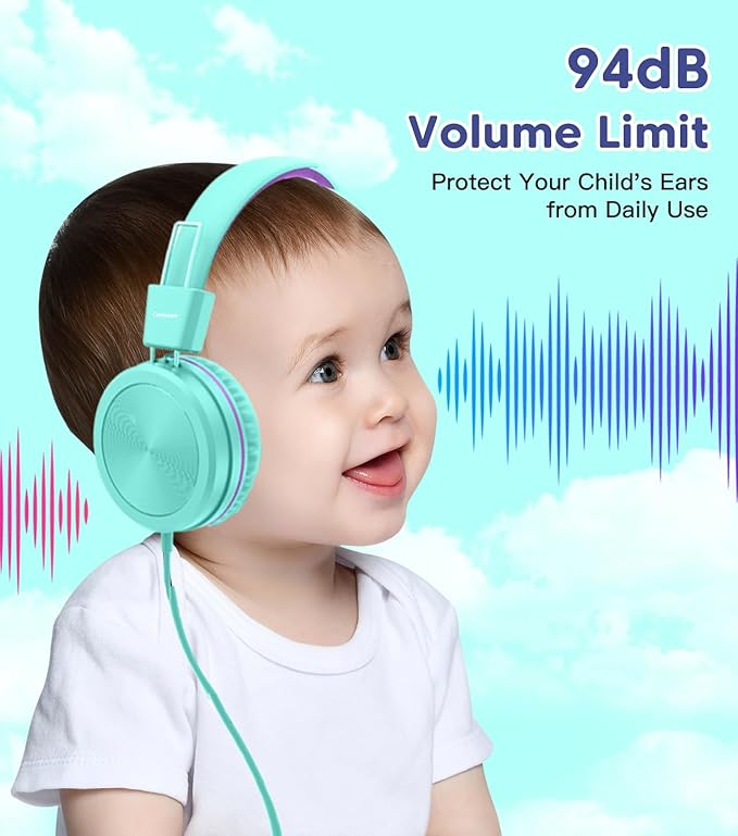 Kids Headphones, Toddler Headphone with Safe Volume Limiter 94dB, Wired School Headphones for Kid, 3.5mm Adjustable On-Ear Headphone for Boys/Girls/Children/Teens/iPad/Computer, Purple Green