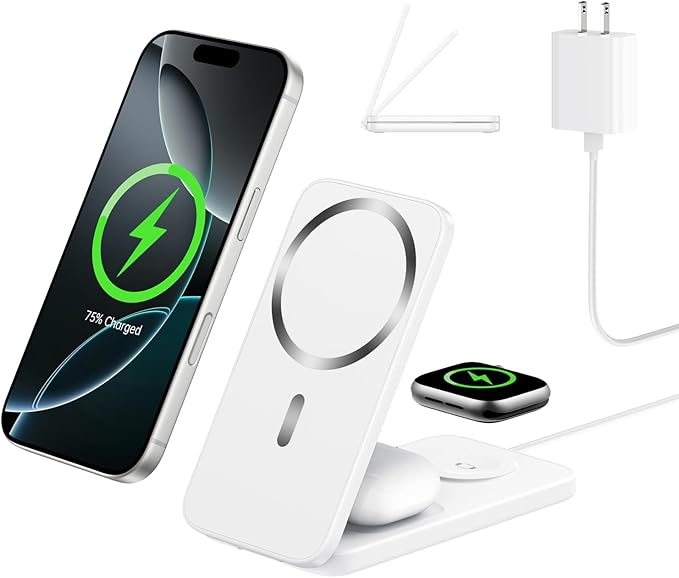 3 in 1 Qi2 Magnetic Wireless Charging Station for Apple, Foldable Charger Stand for iPhone 17/16/15/14/13/12 Pro Max, Apple Watch Ultra/Series & AirPods Pro Fast Charging Dock