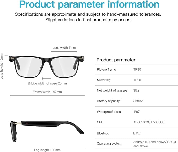 Smart Glasses for Men Women, Bluetooth Audio Glasses with Open Ear Design, Wireless Headphones, Hands-Free Calling, Voice Assistant Support, IP67 Waterproof, 6H Playtime for Working Relaxing