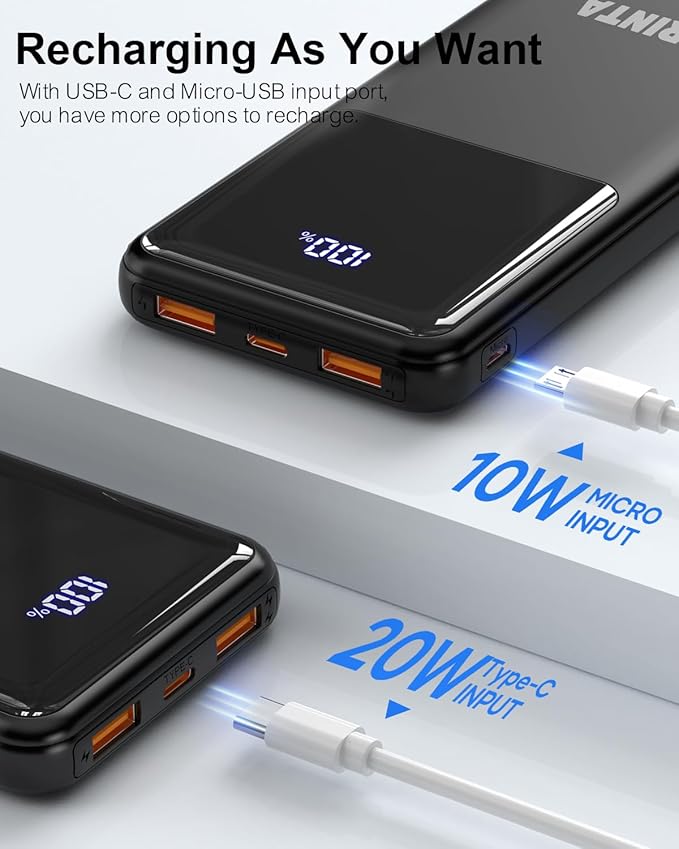 Power Bank Portable Charger 10000mAh PD 22.5W Battery Pack, LED Display & USB-C in/Out, Travel Essentials, Compatible for Smartphones, Tablets & More (Black)