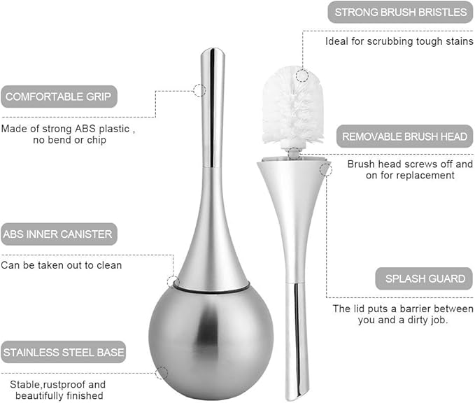 2-in-1 Toilet Brush and Holder Set, Stainless Steel Bathroom Cleaning Brush with Non Scratch Bristles 60° Deep Cleaning Design Versatile Scrubber for Toilet Tub Tiles (Silver)