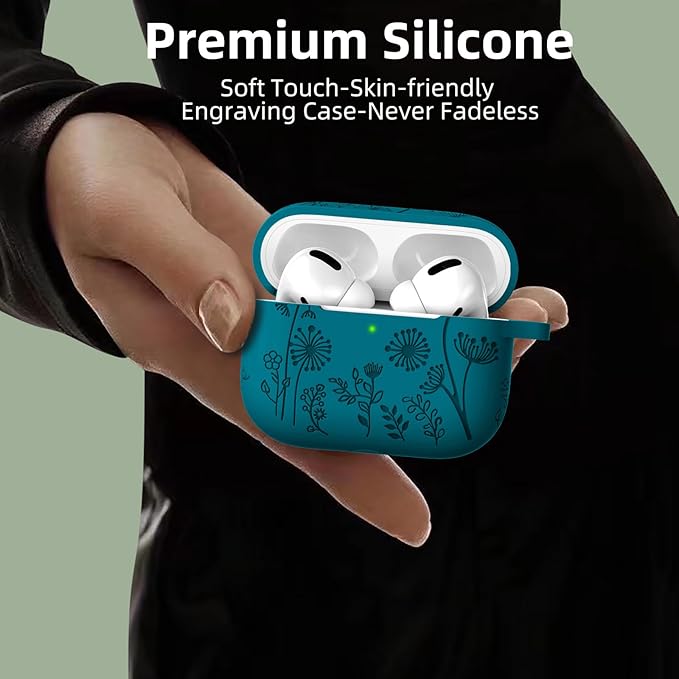 Lerobo Flower Engraved for Airpods Pro/Airpod Pro 2 Case, Cute Soft Silicone Skin Full Protective Cover Compatible with Apple Airpods Pro 2nd Generation Case/1st Generation with Keychain