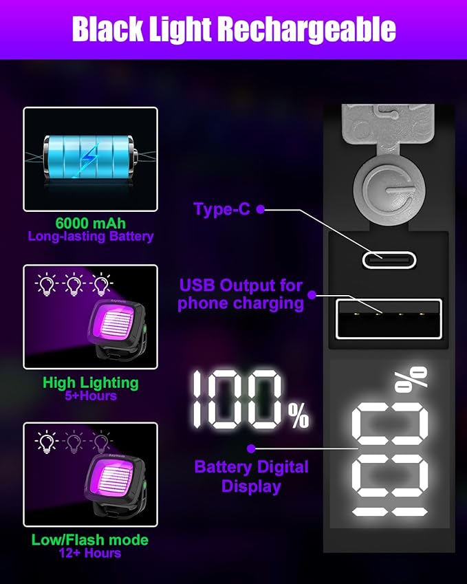 Rechargeable Black Light 2 Pack, 6000Amh Battery Powered Blacklight, 395nm Portable Cordless Ultraviolet Flood Light for Glow Party, Catfishing,Halloween,Body Painting