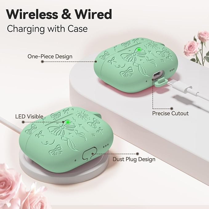 for Airpods Pro 3 Case Cover, Joremx Cute Bow Engraved Silicone Protective Case Cover with Keychain, Cleaner Kit for Airpods Pro 3rd Generation (2025) (Mint Green)