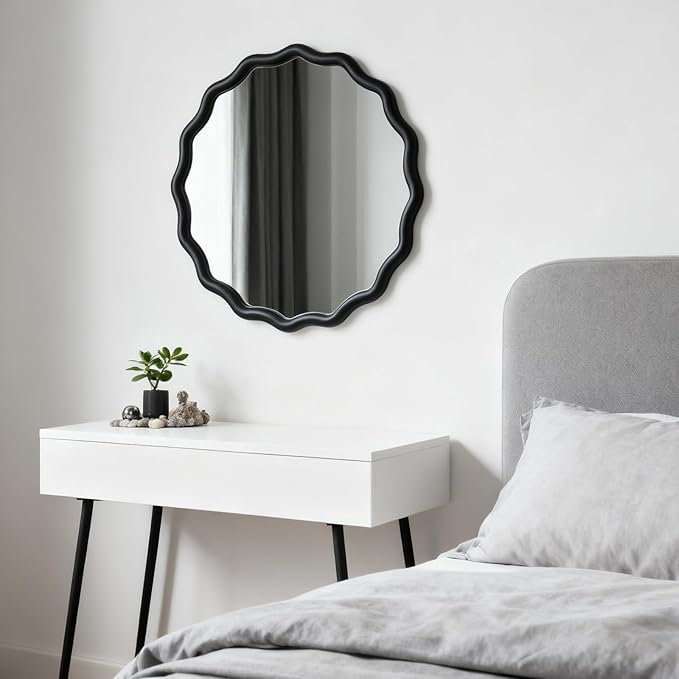 Circle Scalloped Mirror for Wall 24" Round Wavy Wooden Frame Vanity Mirror Hanging for Bedroom, Living Room, Hallway, Entryway, Home Decor Black