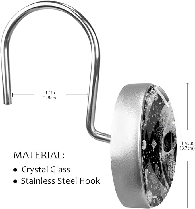 12 Packs Gothic Black and Skull Shower Curtain Hooks, Stainless Steel Glass Shower Curtain Rings for Bathroom Decor, Metal Rustproof Curtain Rod Hooks