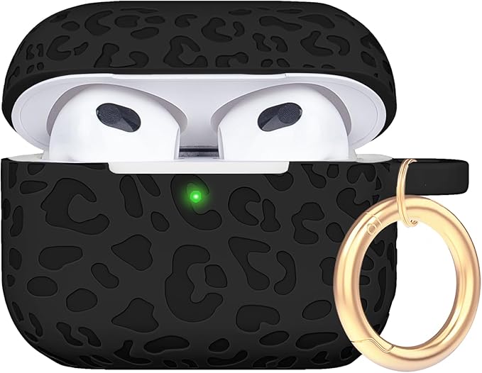 Engraved Case for AirPods 3rd Generation Carving Cover with Keychain, Leopard Skin Soft Cover for Compatible with AirPods 3rd Generation Case Full Protection,Front LED Visible,Black
