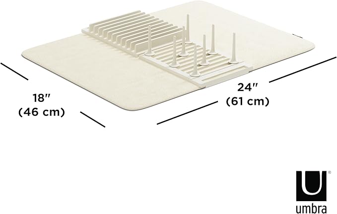 Umbra Udry Rack and Microfiber Dish Drying Mat-Space-Saving Lightweight Design Folds Up for Easy Storage, Standard, Linen