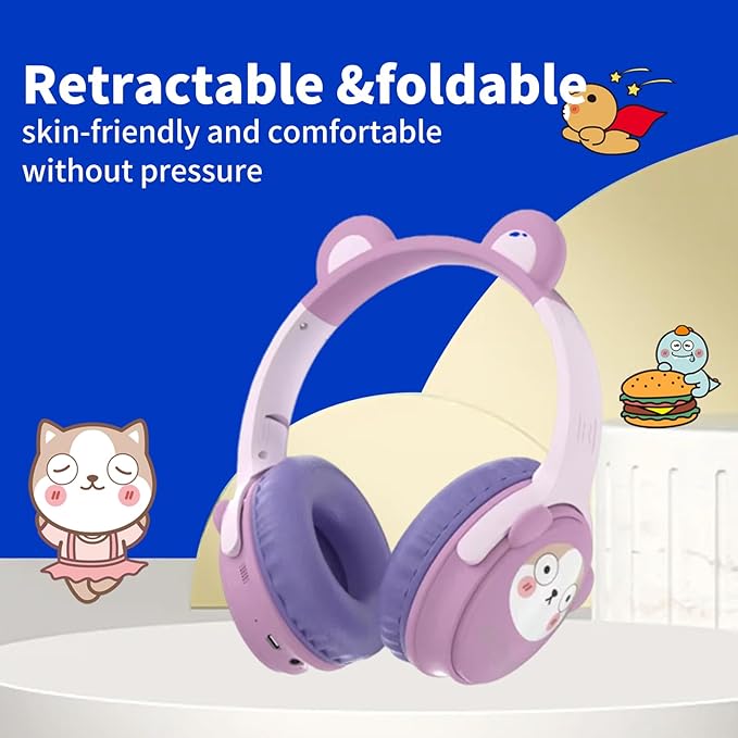 Kids Bluetooth Headphones， 85dB Safe Volume Limit, Stereo，Foldable Cute Up Cat Ear Children，Cartoon Animal Design,Ultra-Soft Over-Ear,Suitable for School & Travel (Purple)