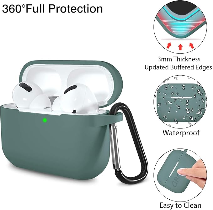 Lerobo Compatible with AirPods Pro Case 2019,Shock-Proof Silicone Skin Full Protective Cover for Airpods Pro 2,Supports Wireless Charging with Durable Carabiner Front LED Visible,Pine Green