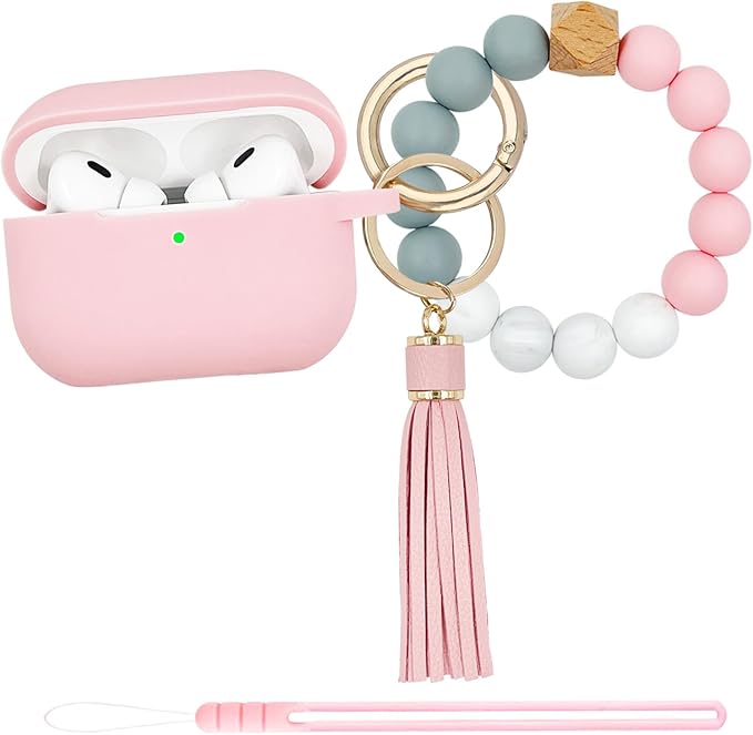 Compatible with Airpods Pro 2nd Generation Case Cover 2022, Soft Silicone Protective Cover with Bracelet Keychain for Apple Airpods Pro 2 Case for Women (Pink)